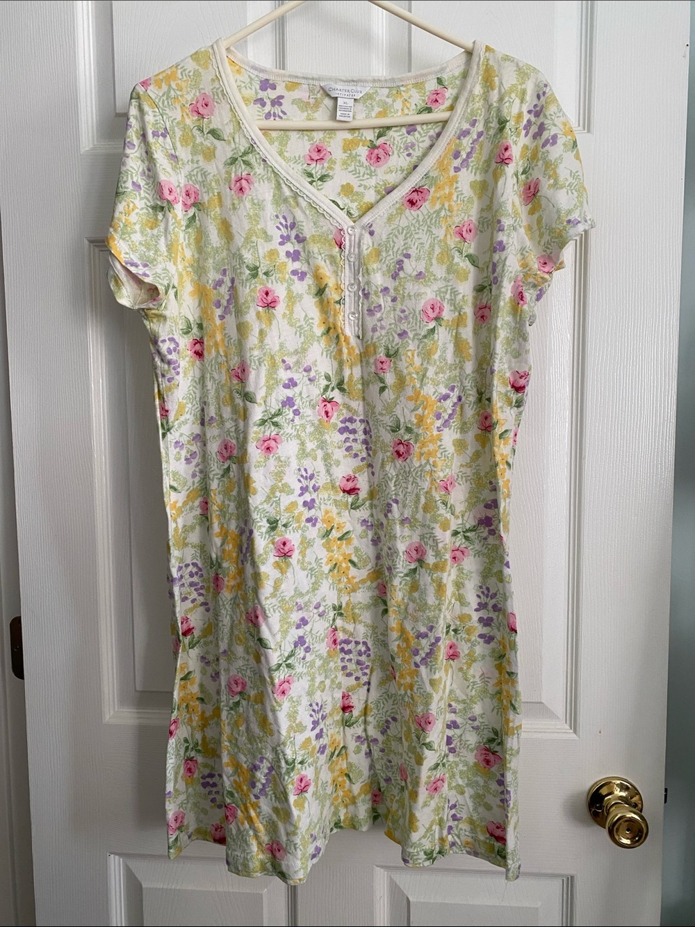 100% Cotton Cream Floral Nightgown with Pink & Purple Accents